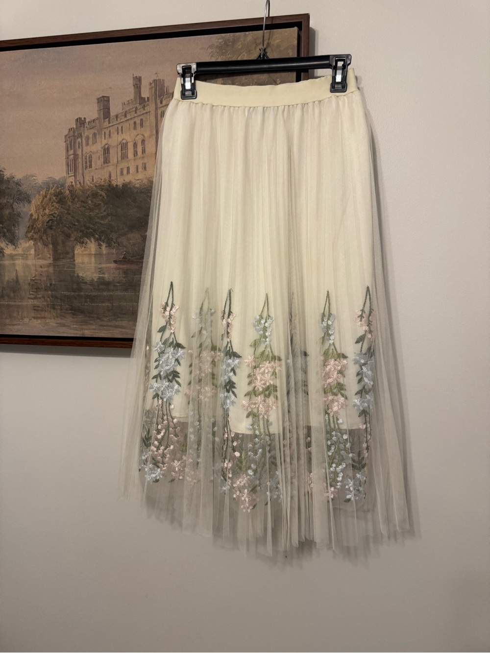 Floral Embroidered Tulle Maxi Skirt in Cream M/L Like New